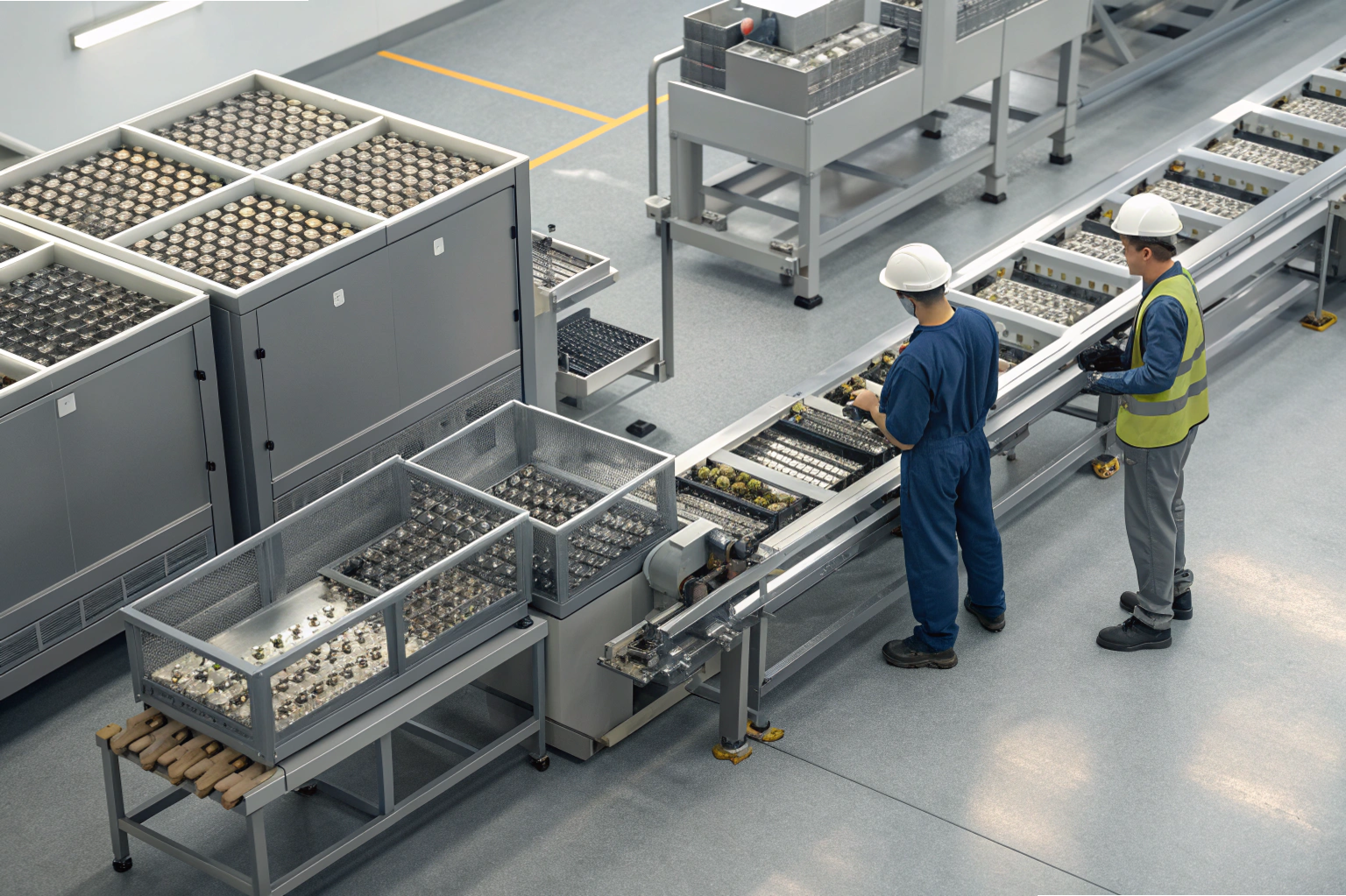 Assembly line inspection Two engineers inspecting assembly line in production facility (ID#3)