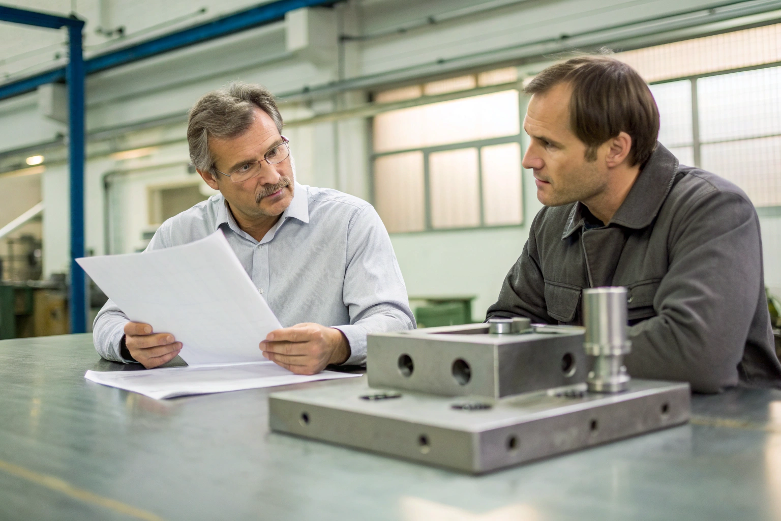 Engineering design review Engineers discussing technical drawings beside metal mold (ID#3)