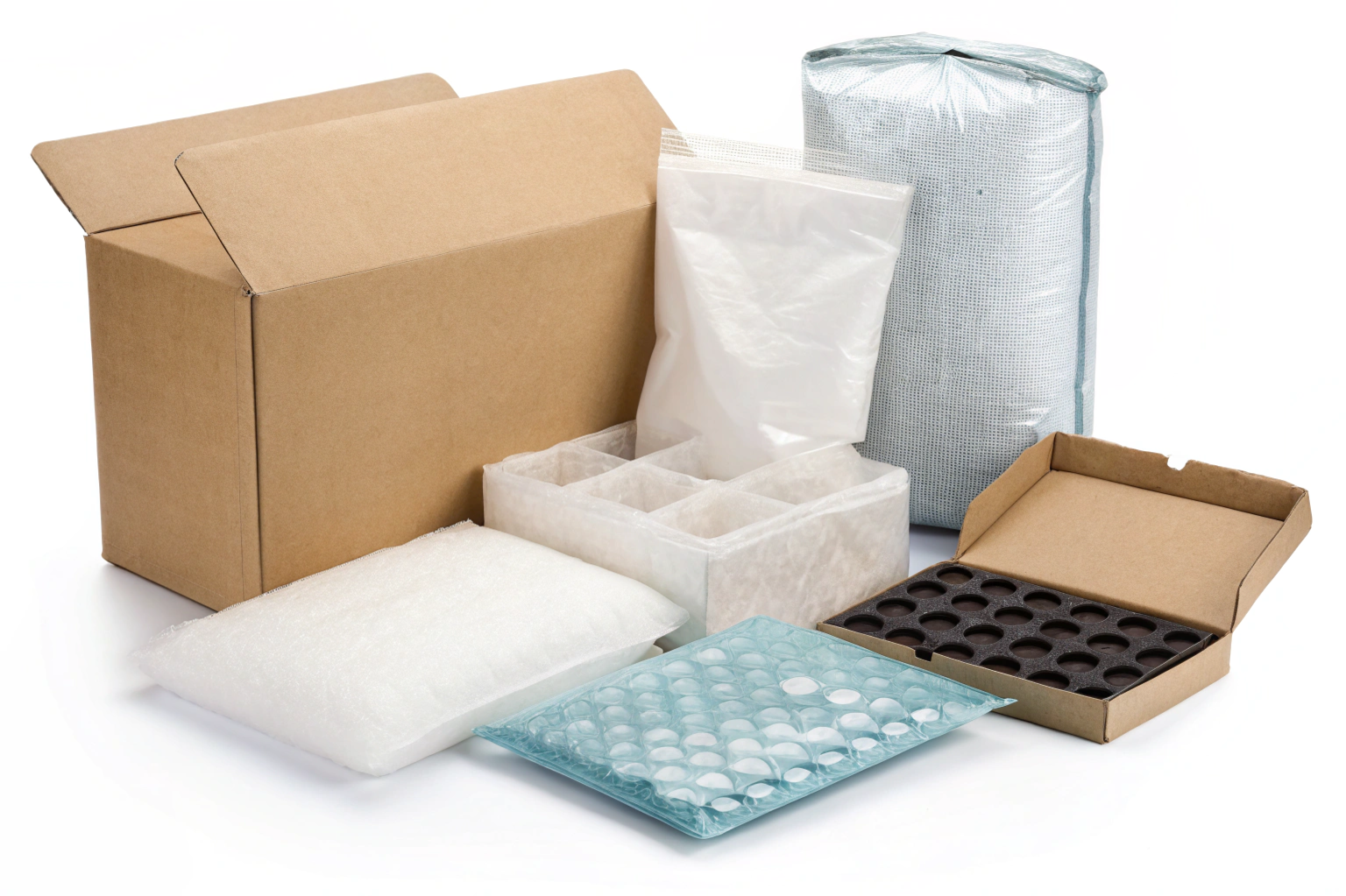 Protective packaging types Various industrial packaging materials and boxes on white background (ID#3)