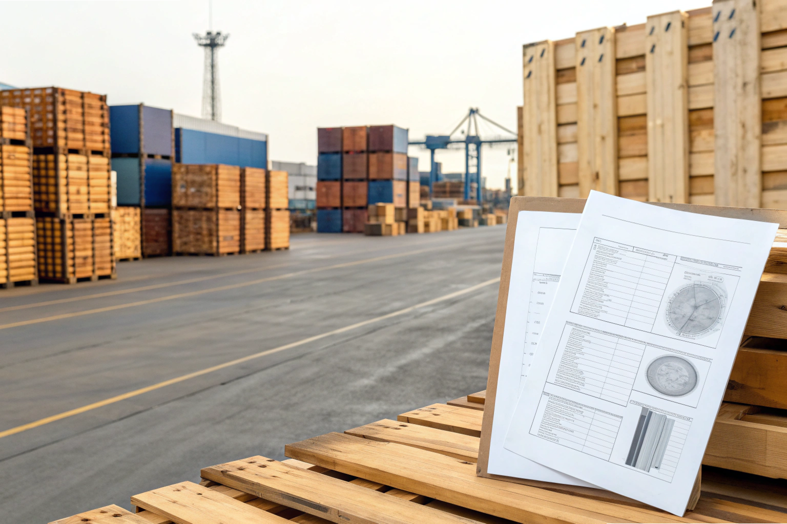 Export documentation Shipping documents on pallets at industrial port with stacked crates (ID#3)