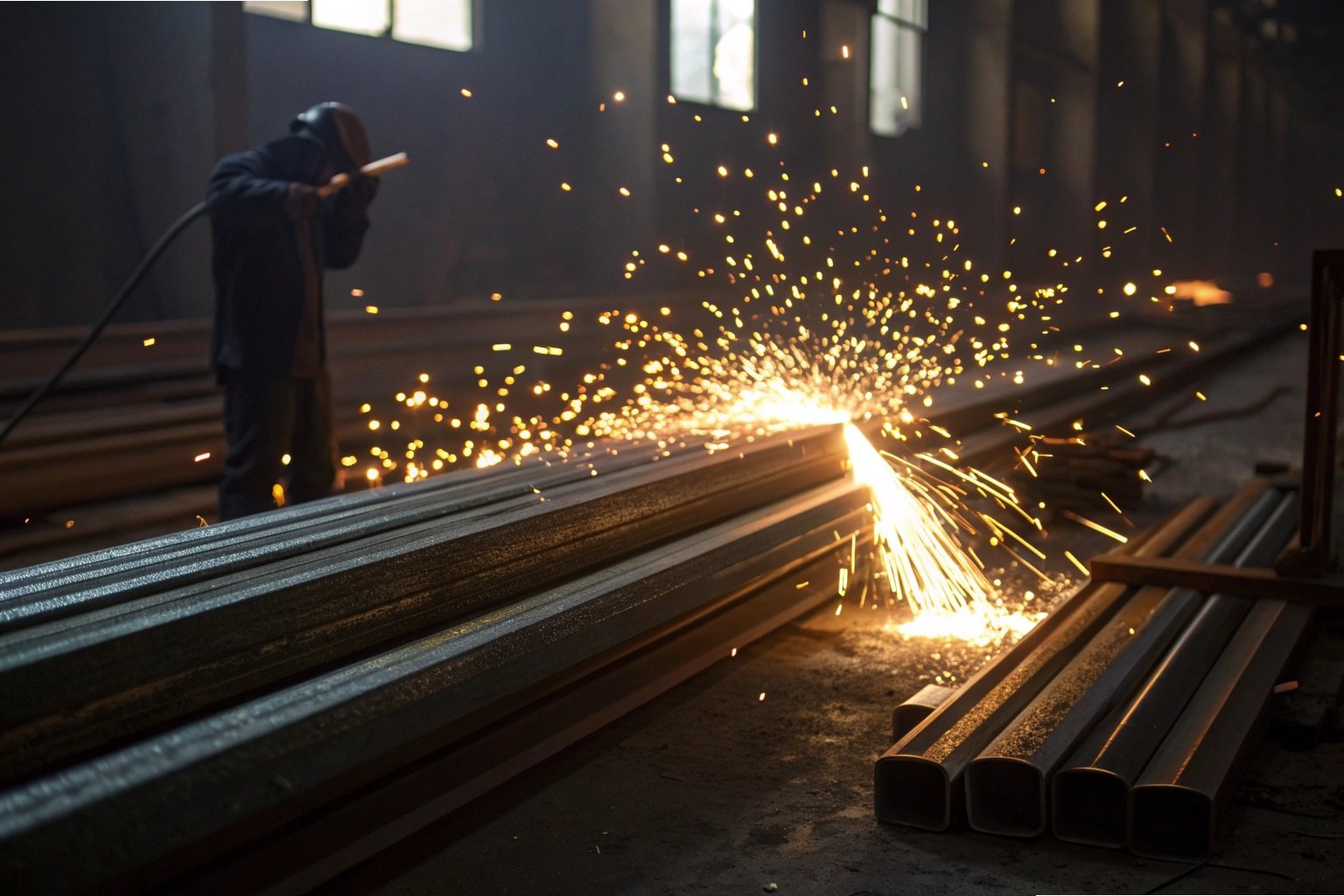 Steel cutting sparks Worker cutting steel beams with sparks flying in industrial workshop (ID#3)