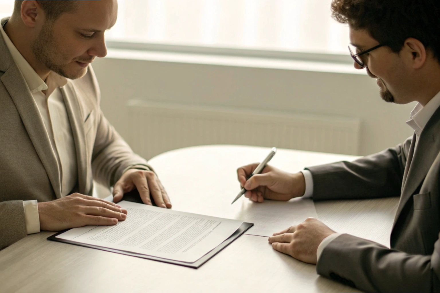 Contract signing Two businessmen signing a supply contract at desk (ID#3)
