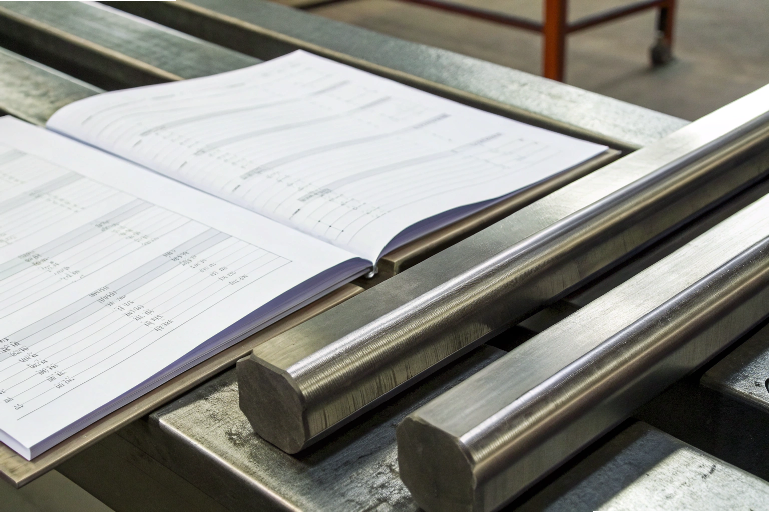 Material specification review Metal bars beside open technical specification book (ID#3)