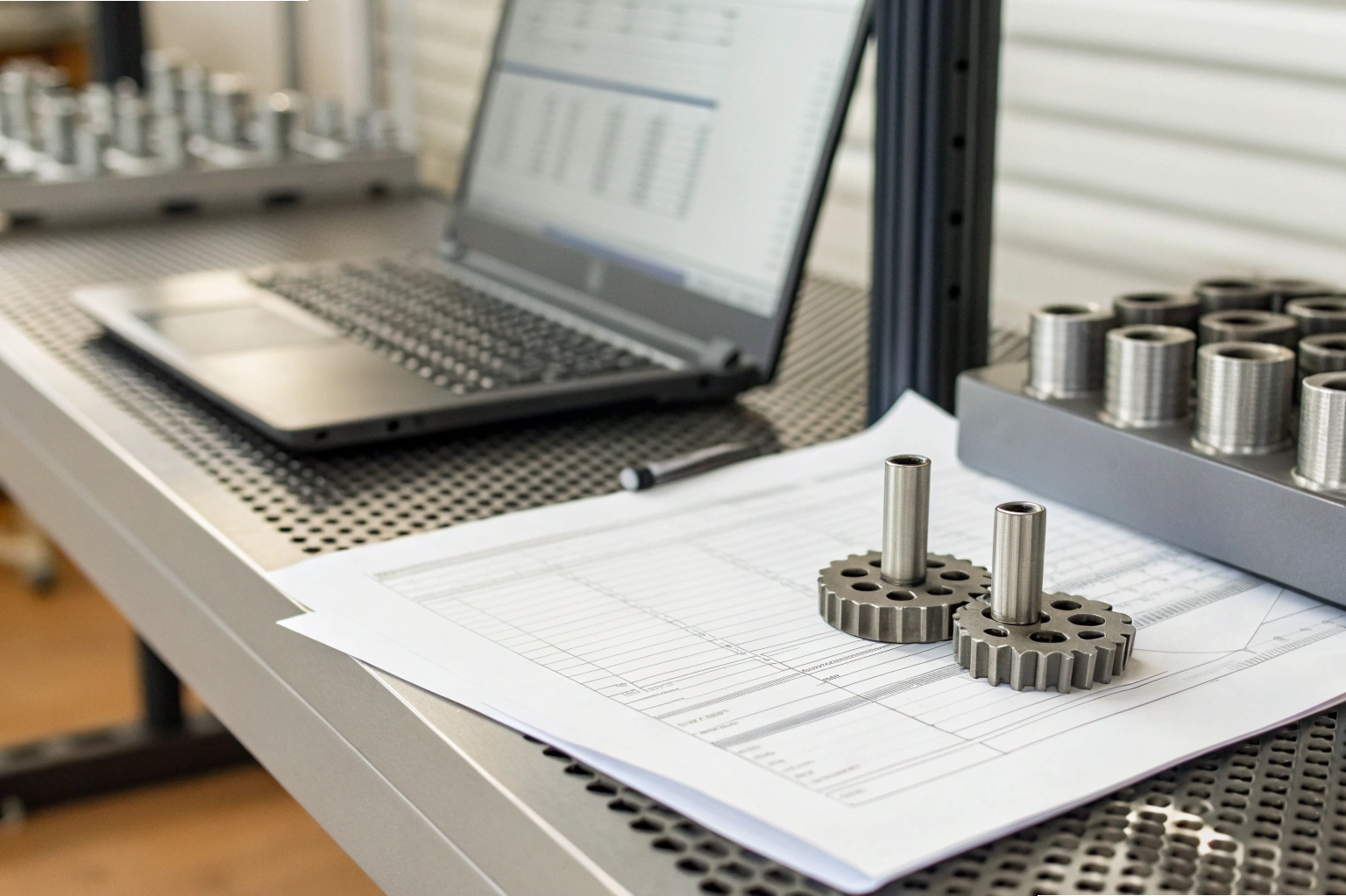 Engineering documentation Gears and technical drawings beside laptop (ID#3)