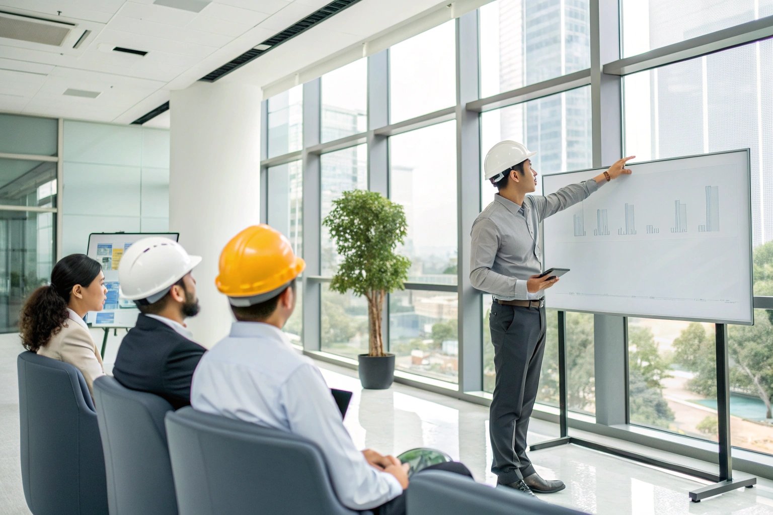 Team project briefing Engineer presenting chart to team in modern office with hard hats (ID#3)