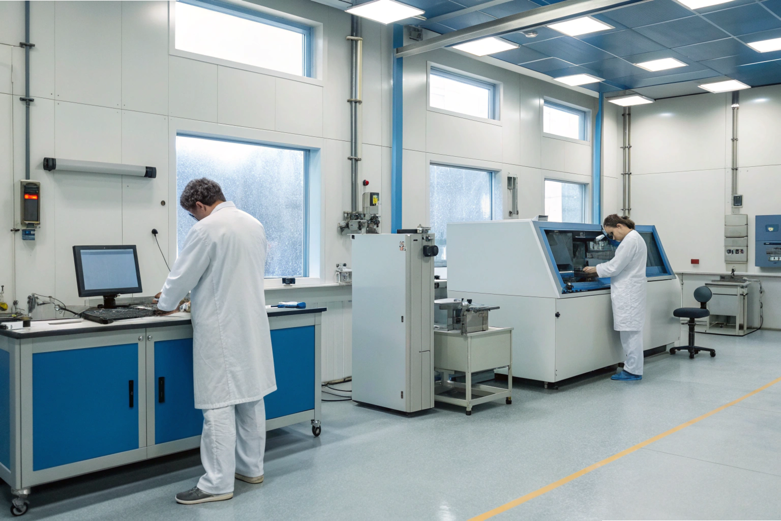 CNC machining lab Technicians operating CNC machines in clean lab environment (ID#3)