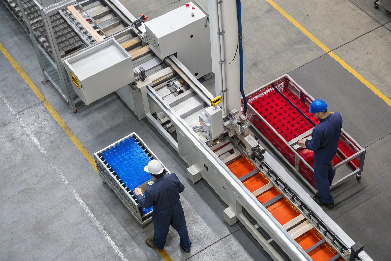 Assembly line process Factory workers operating automated assembly line with trays of components (ID#3)