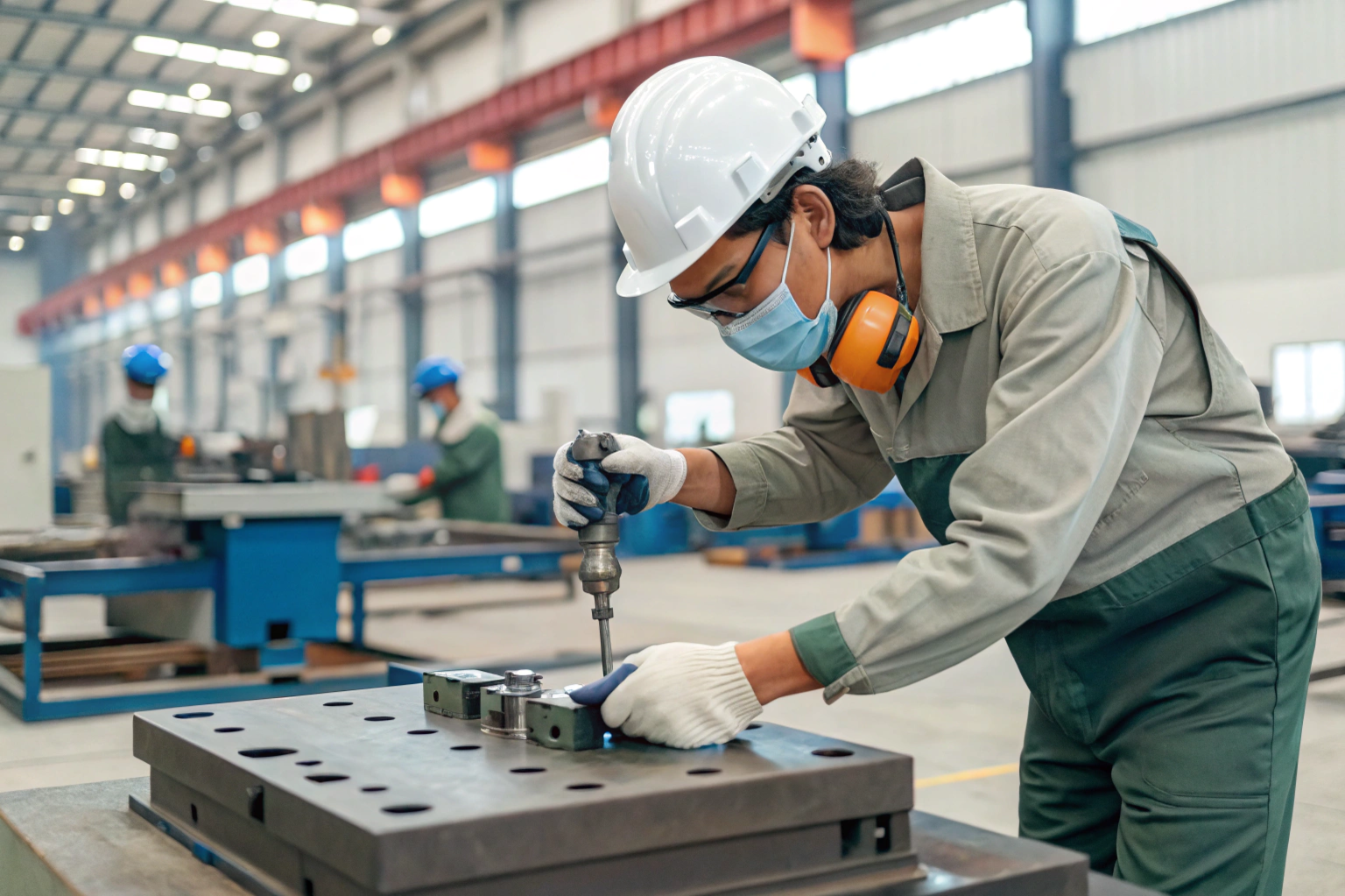 Ingeniero de fábrica de Vietnam instalando un accesorio para mecanizado de precisión (ID#3)