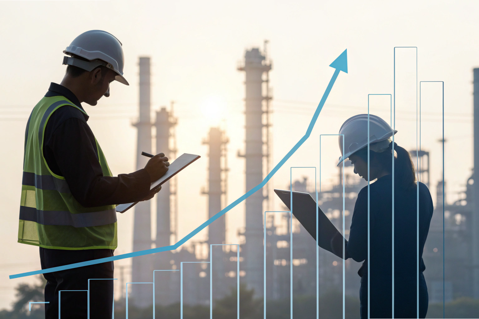 Industrial growth review Engineers inspecting refinery site with rising performance chart overlay (ID#4)
