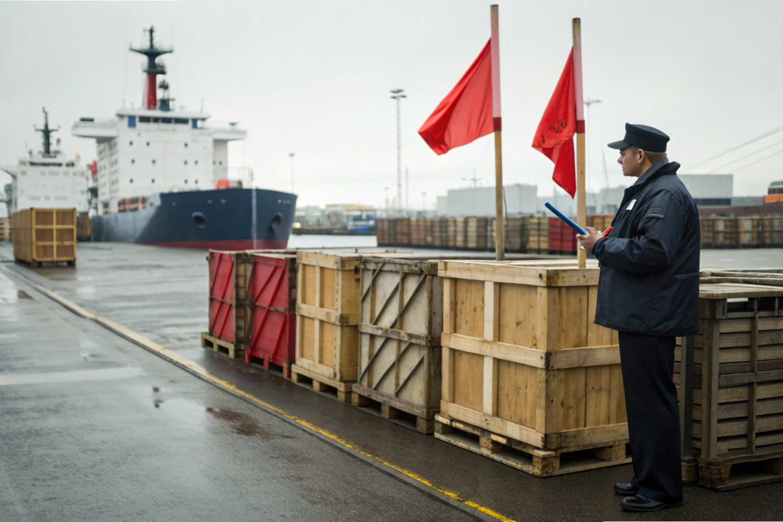 Export inspection at port Port inspector checking export crates near cargo ship (ID#4)
