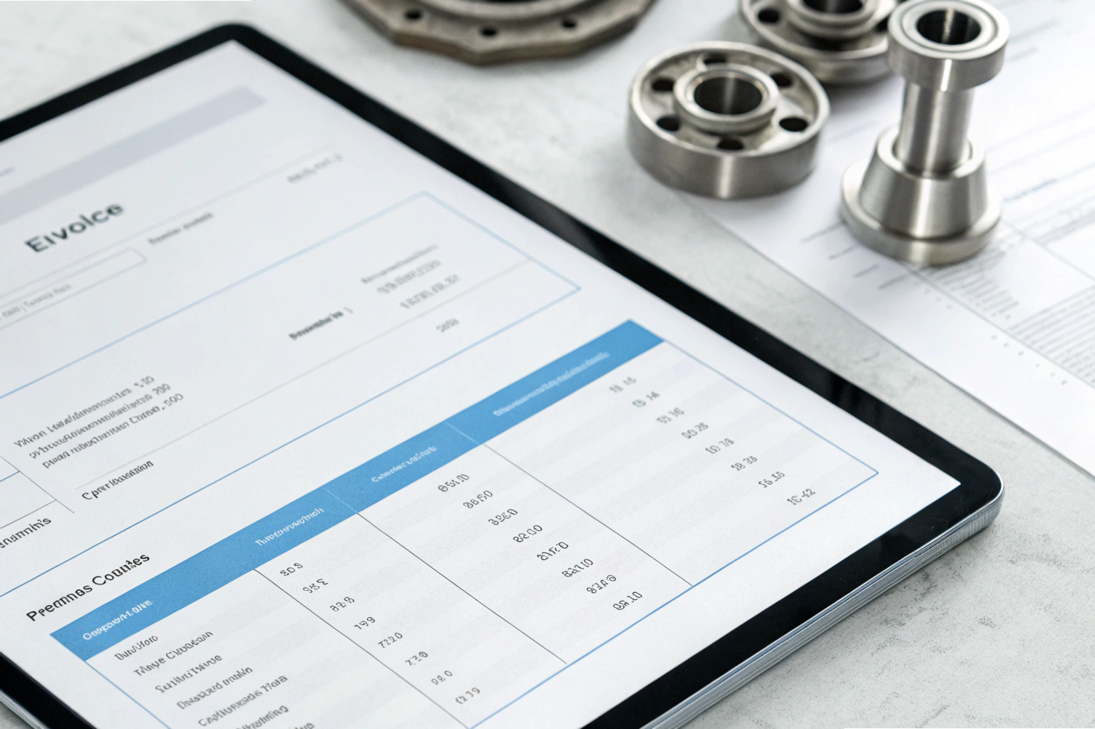 Invoice and components Digital invoice on tablet beside machined metal components (ID#4)