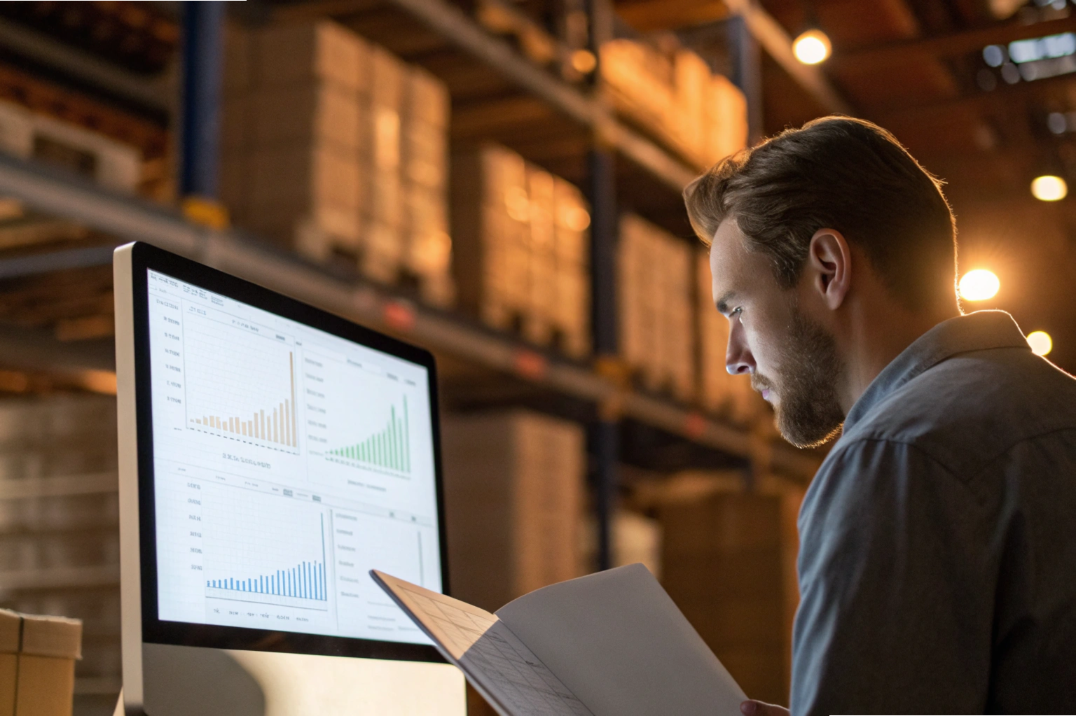Market data analysis Analyst reviewing graphs on multiple screens in office (ID#4)
