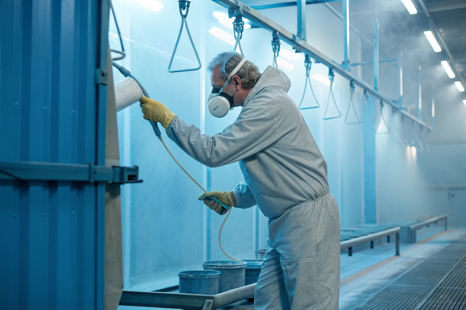 Powder coating process Worker applying industrial powder coating in factory (ID#4)