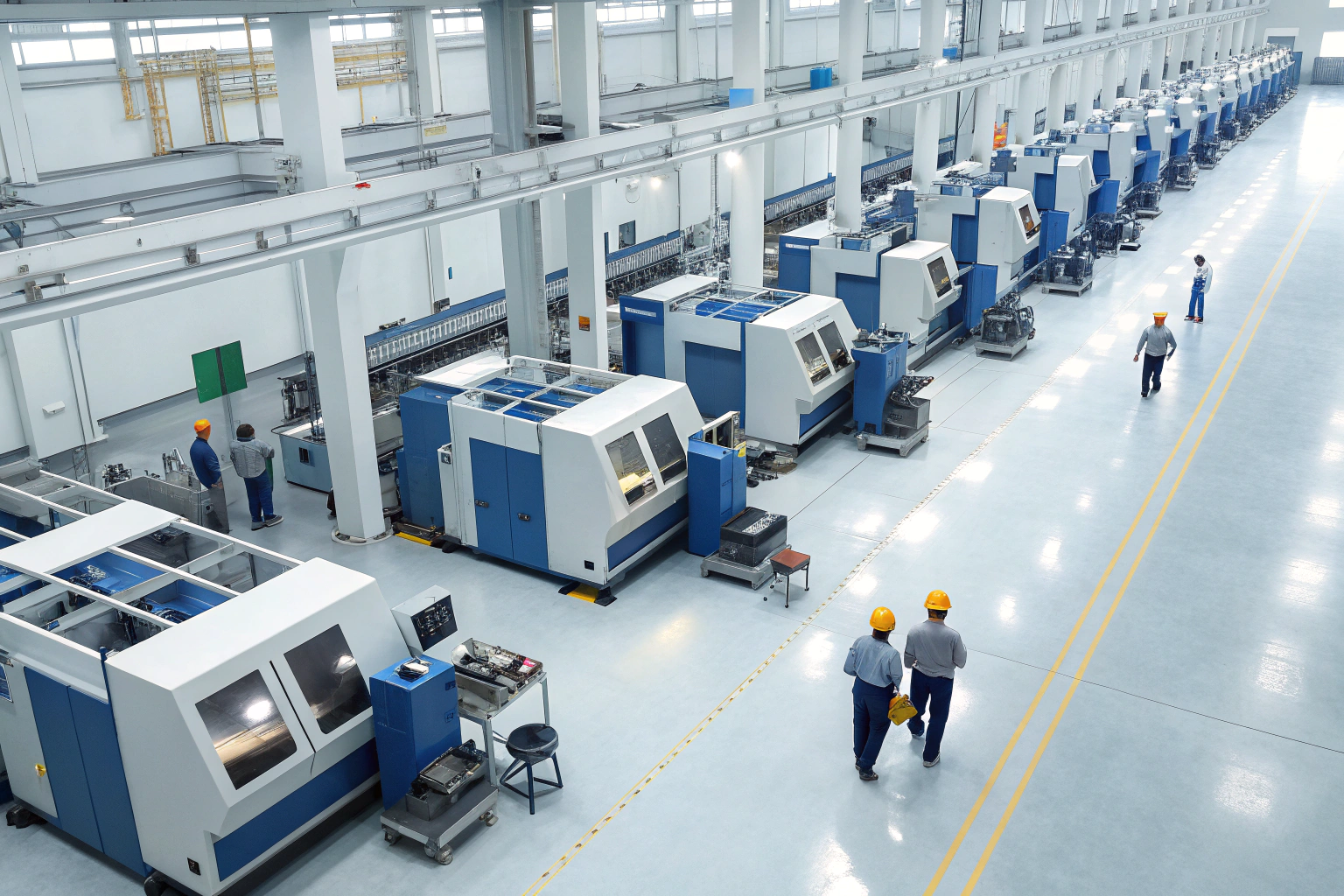 Manufacturing supervision Engineers supervising CNC machines in large manufacturing plant (ID#4)