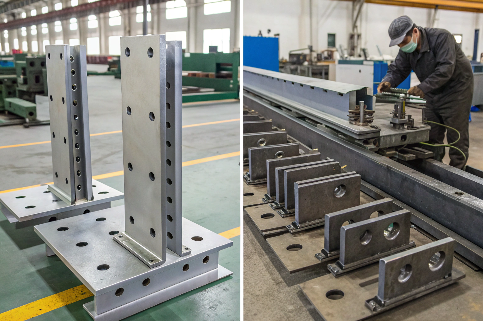 Metal assembly process Steel brackets and welding setup in metal workshop (ID#4)