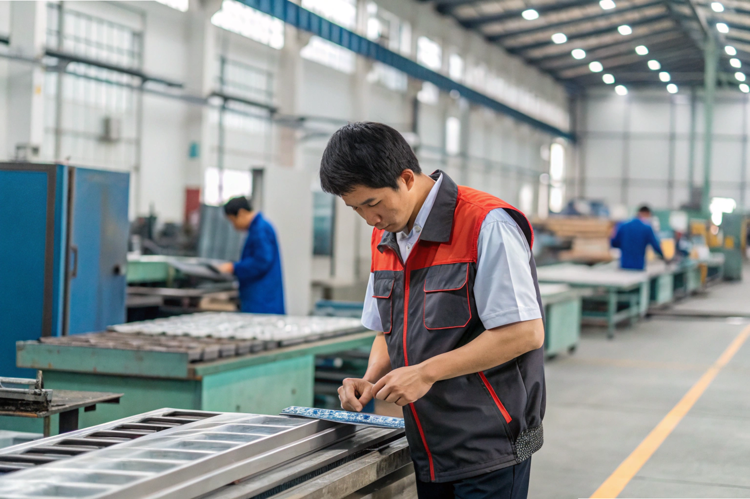Inspector externo con chaleco de marca realizando auditoría de fábrica (ID#4)