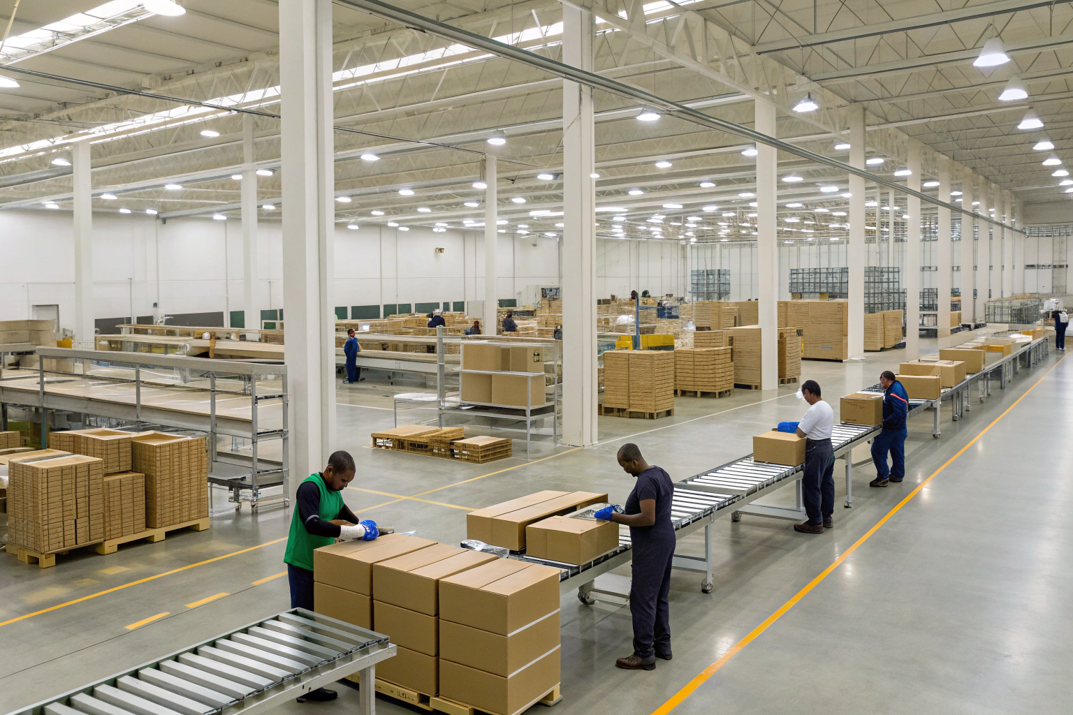 Warehouse operations Workers assembling and packaging boxes in warehouse (ID#4)