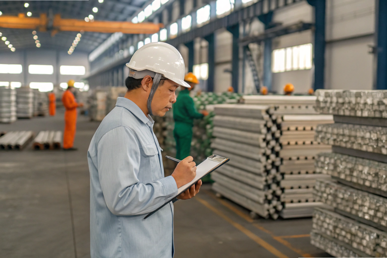 Material quality control Factory supervisor inspecting metal stock with clipboard (ID#5)