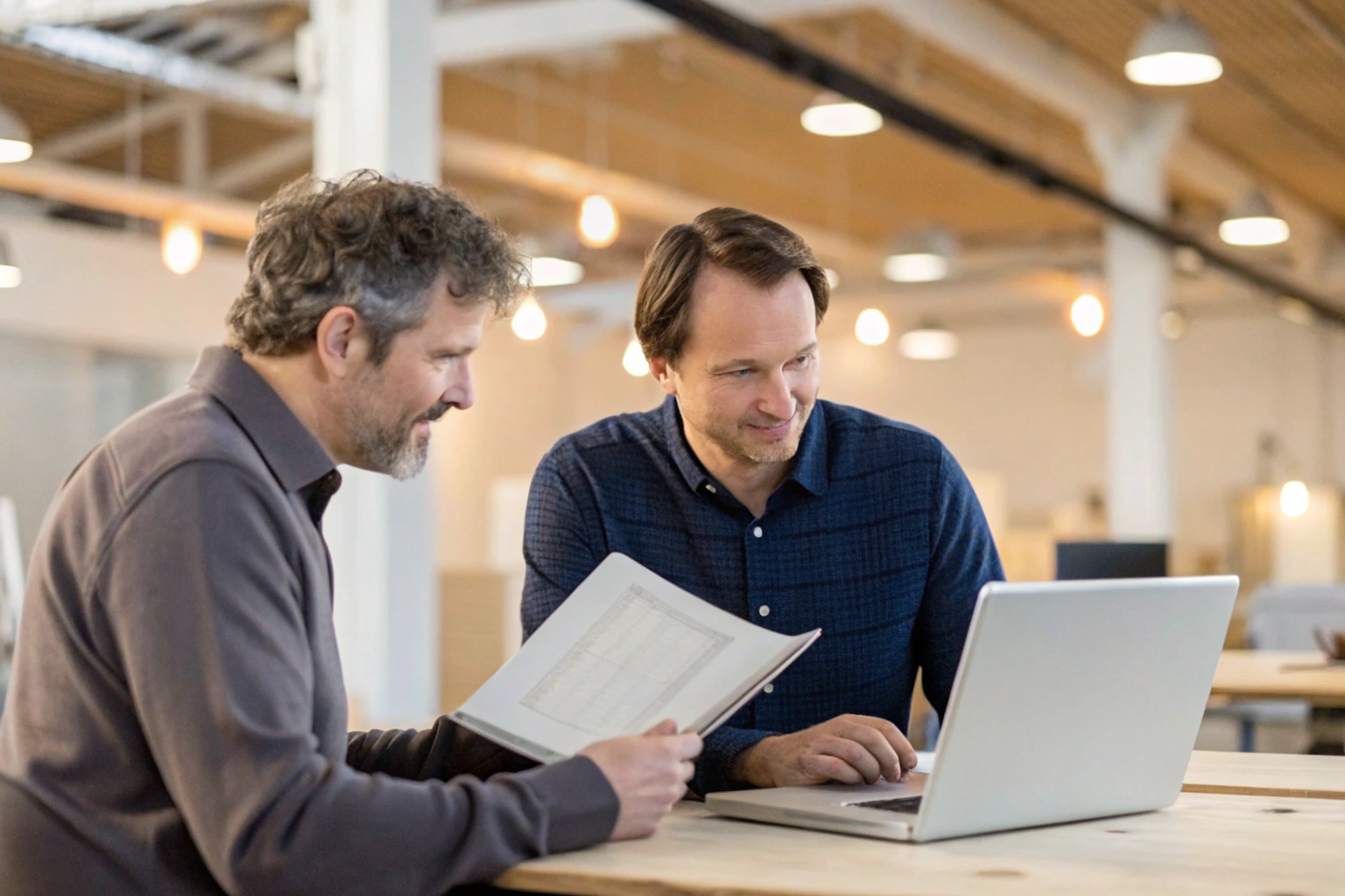 Production report review Two colleagues reviewing manufacturing report on laptop (ID#5)