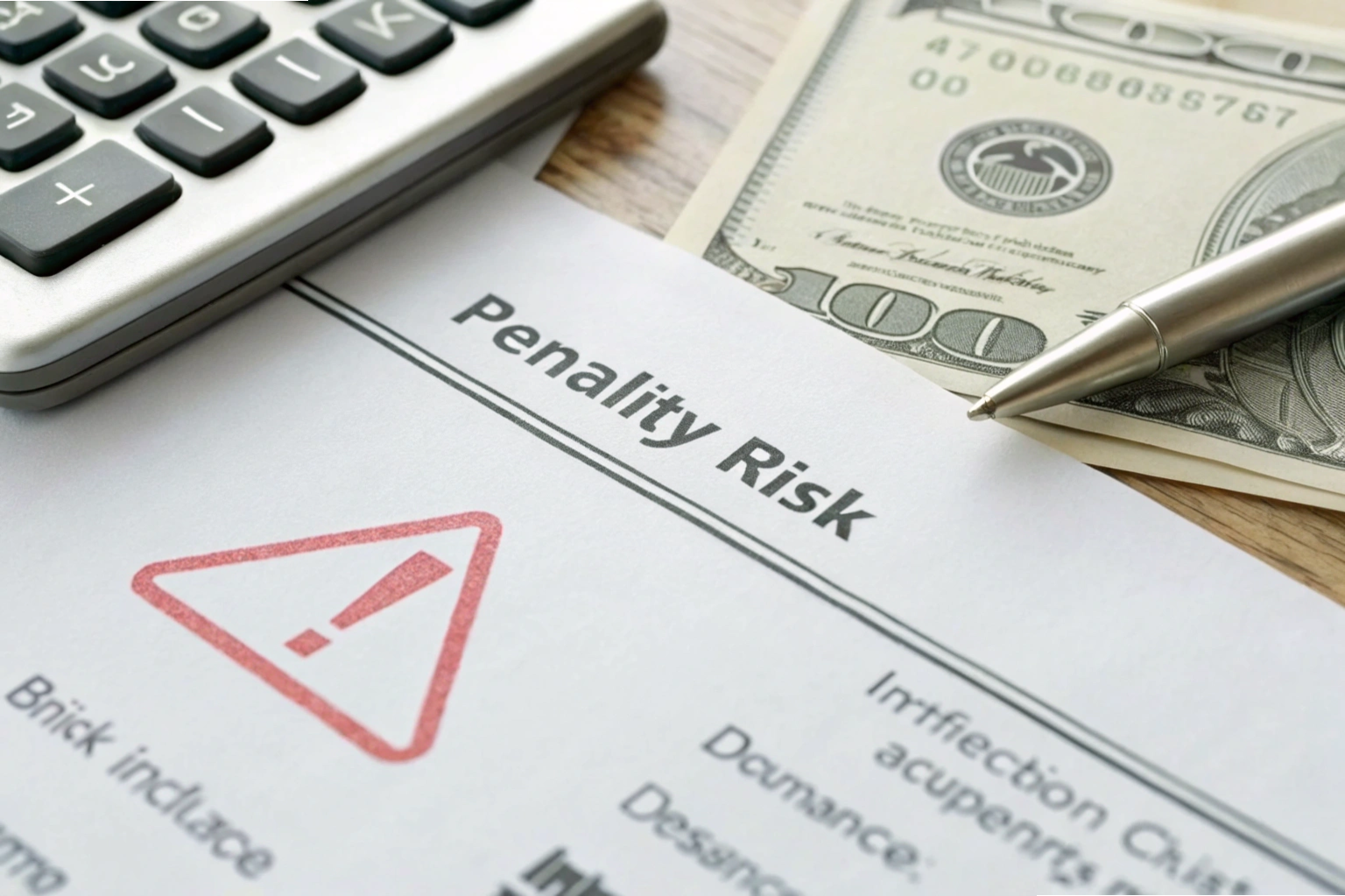 Penalty risk notice Close-up of penalty risk document beside calculator and money (ID#5)