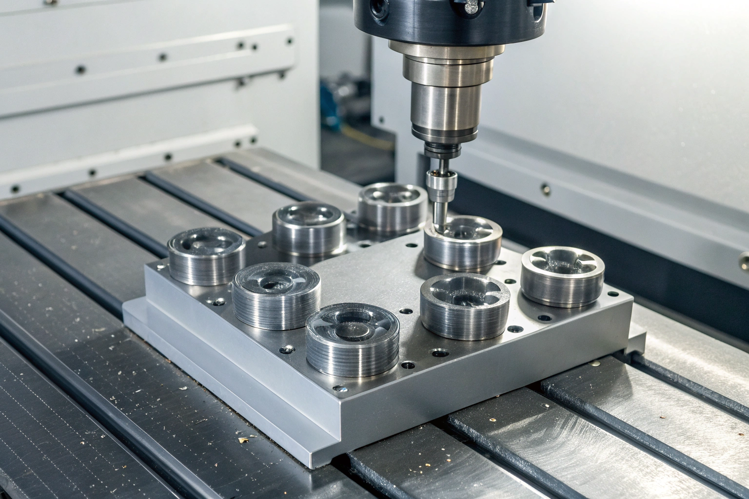 CNC machining detail Close-up of CNC machine drilling precision metal molds in workshop (ID#5)