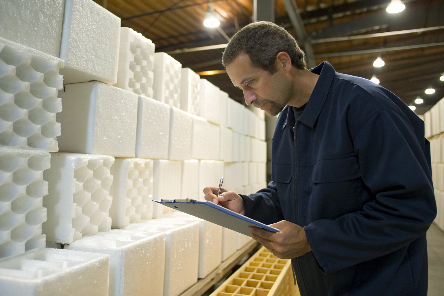 Foam material inspection Warehouse worker inspecting foam packaging materials with clipboard (ID#5)
