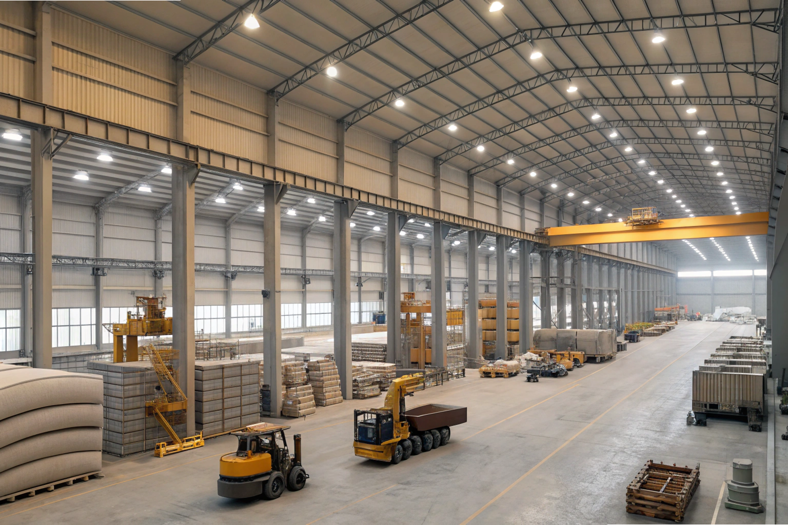 Factory warehouse view Large organized warehouse interior with cranes and forklifts (ID#5)