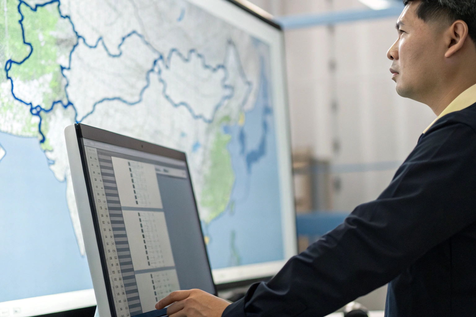 Supply chain planning Engineer analyzing logistics routes on digital map (ID#5)
