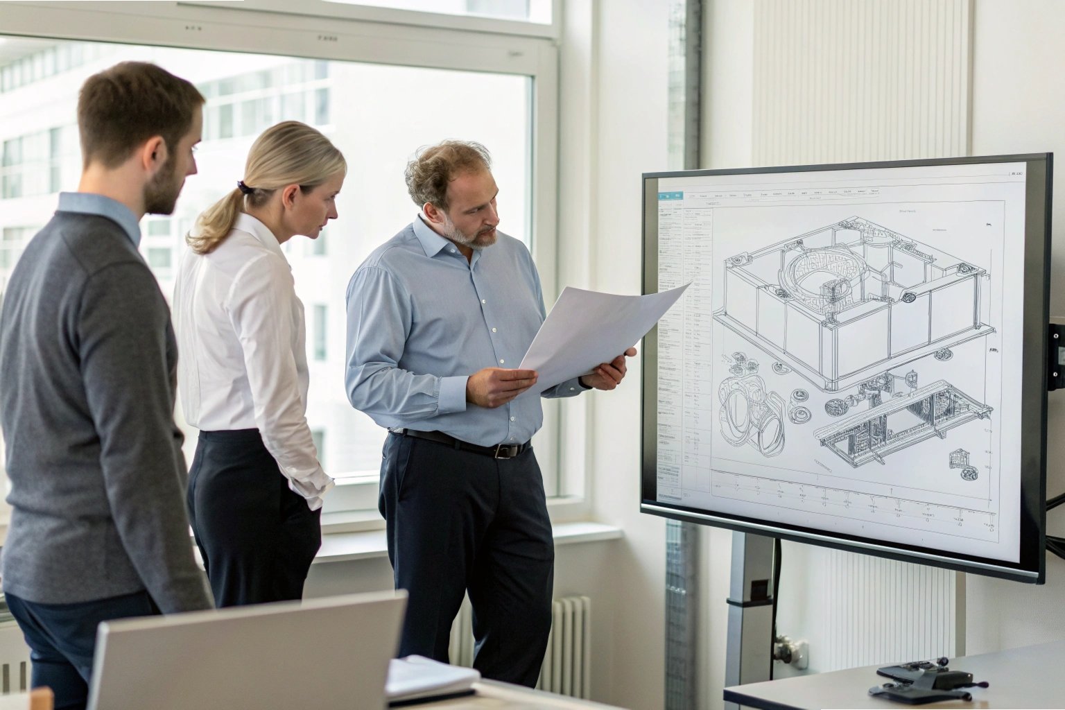 Product Design Review Engineers discussing 3D technical drawing (ID#5)