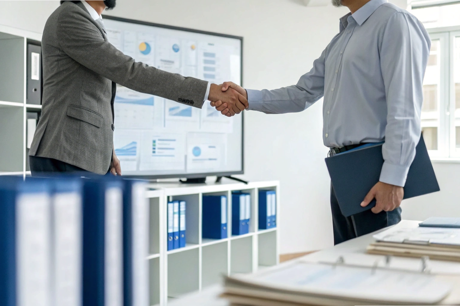 Business partnership Two business professionals shaking hands in office (ID#5)
