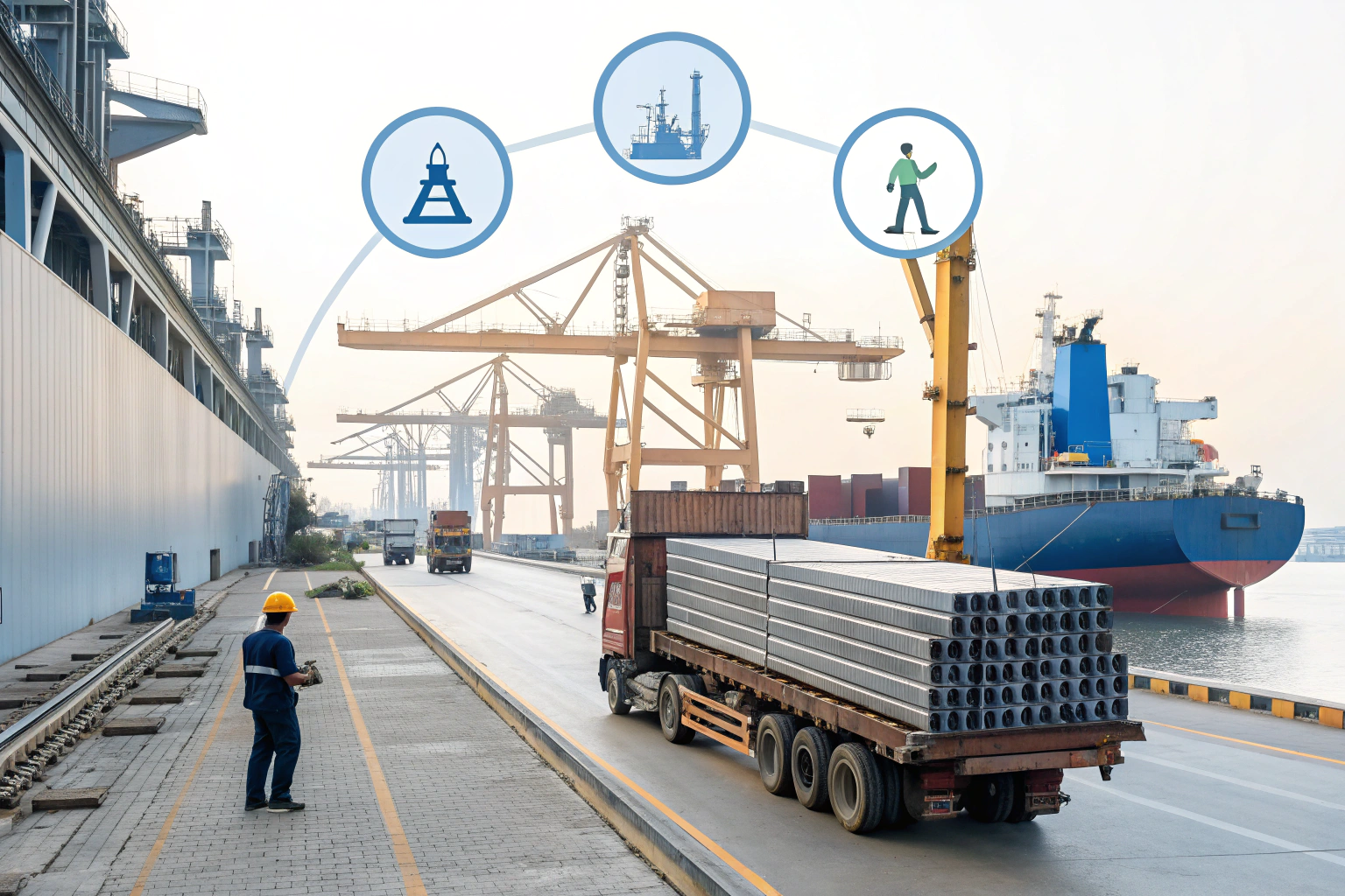 Export logistics Freight truck loading steel pipes at shipping terminal