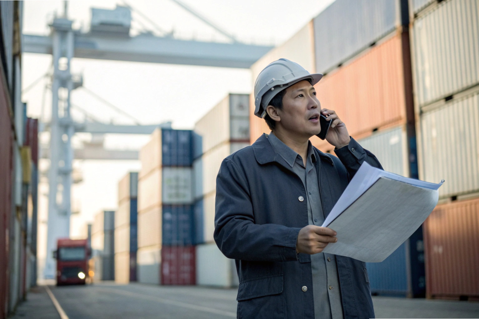 Port management Engineer inspecting shipping containers and discussing logistics on phone