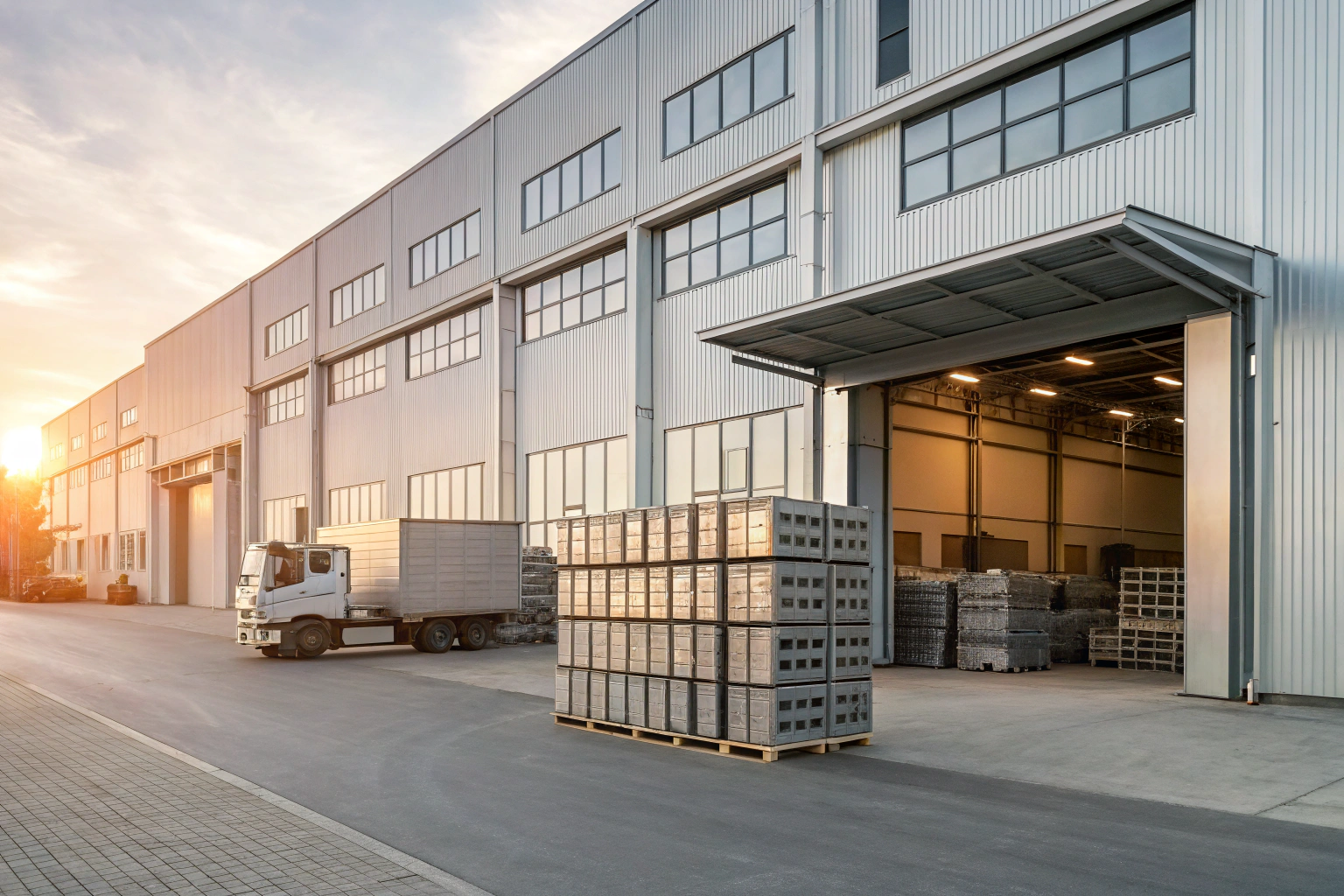 Industrial warehouse with shipping truck and packed metal pallets