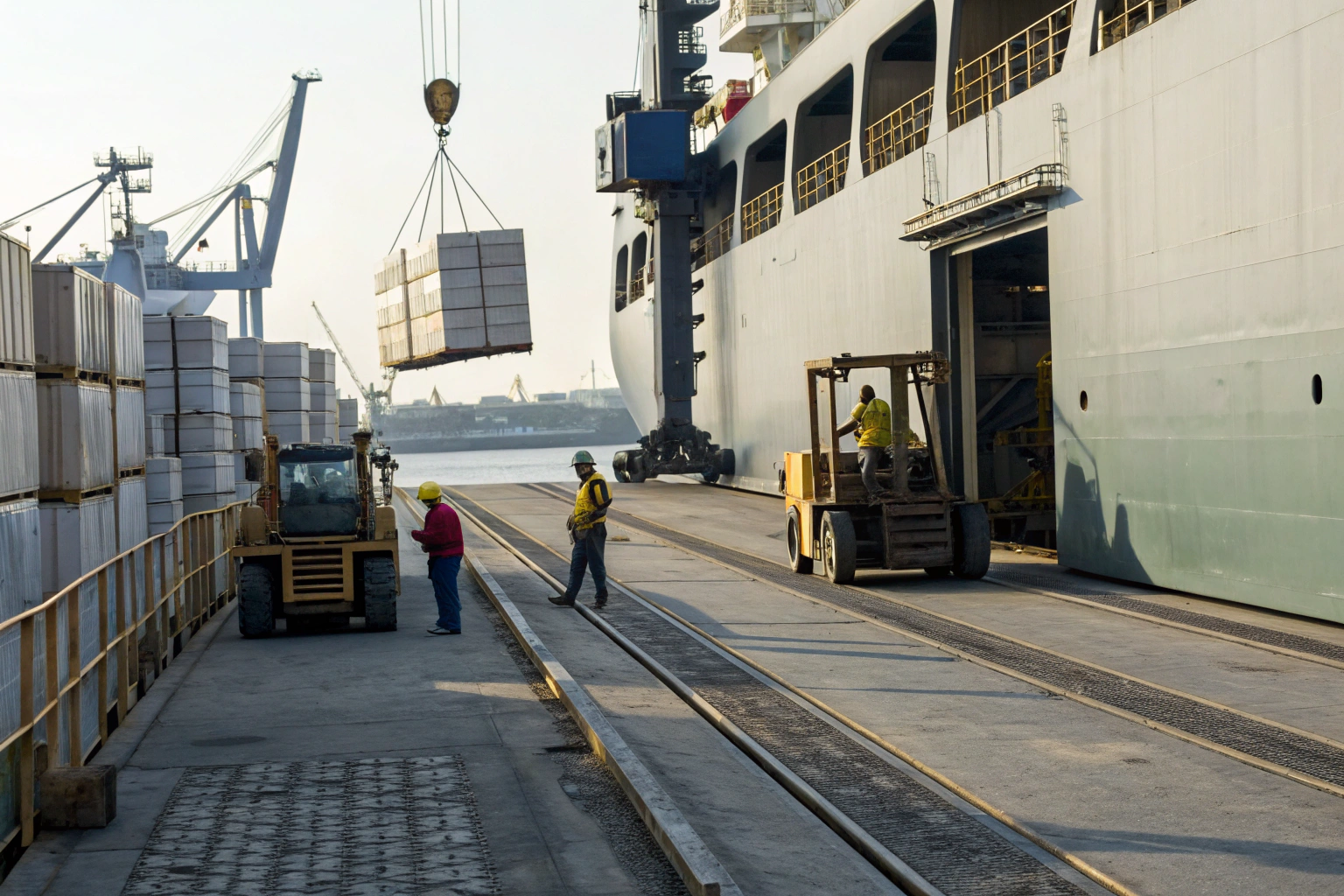 Port logistics Workers loading cargo onto freight ship at industrial port