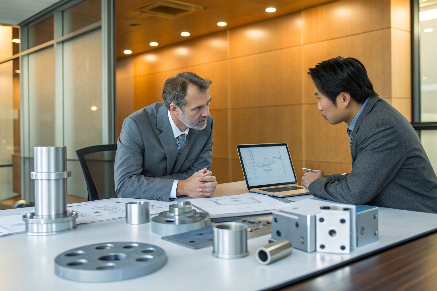 Two engineers discussing mechanical drawings at office desk with metal parts and laptop (ID#1)