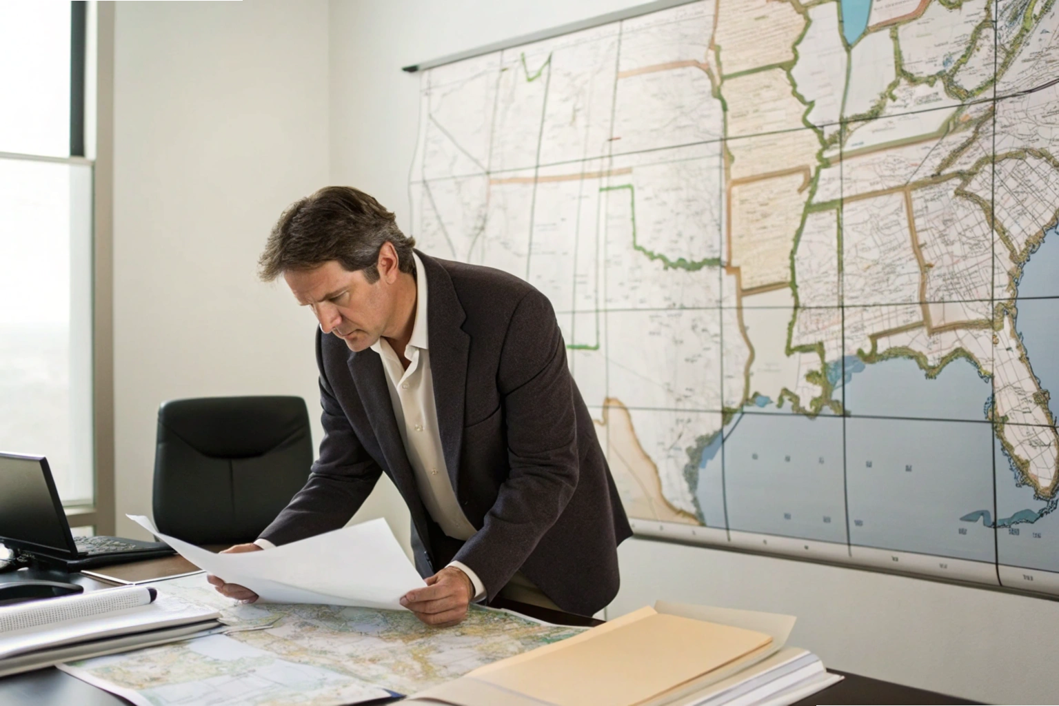 Logistics planning Businessman analyzing supply chain routes on map in office