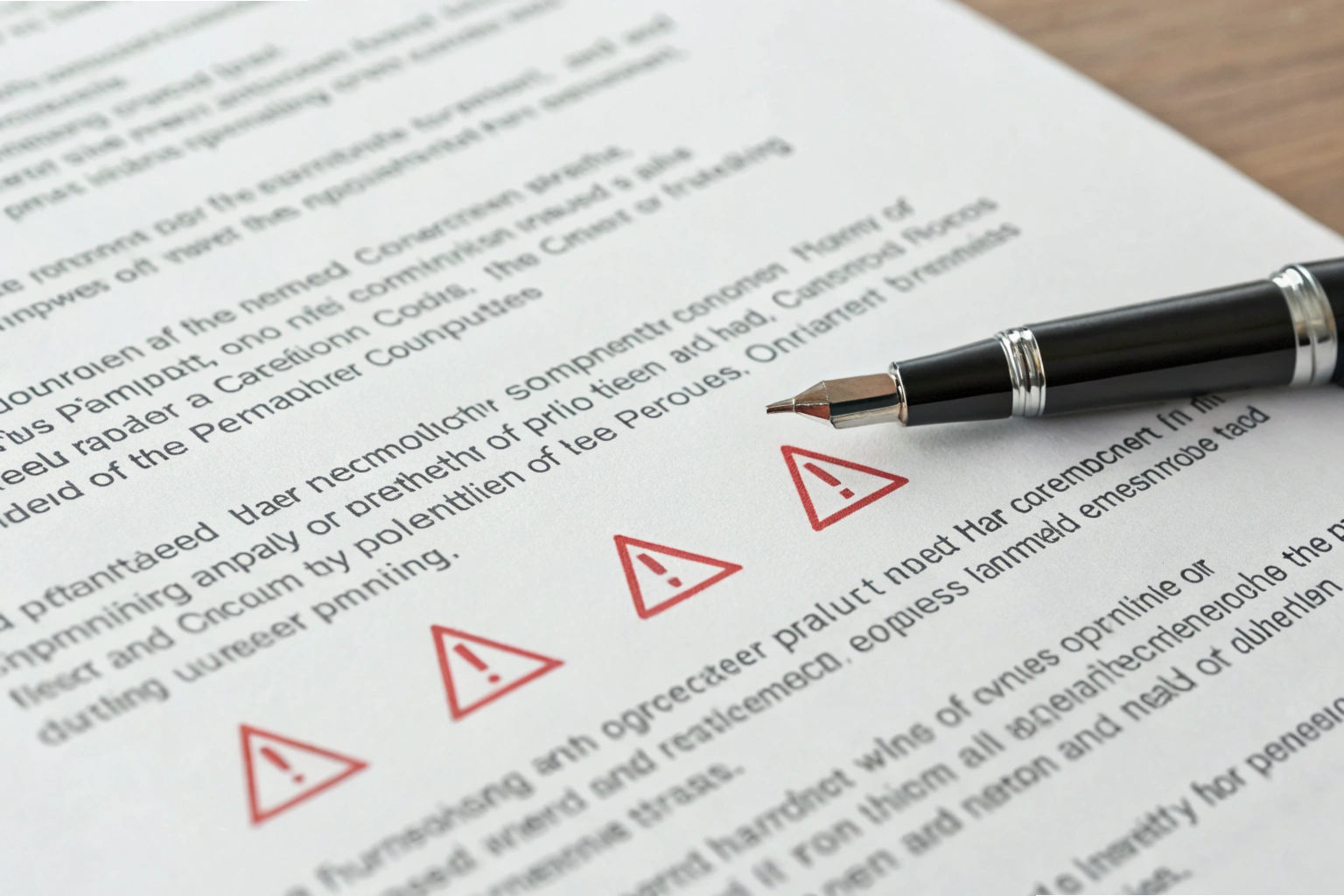 Contract warning details Close-up of warning symbols and pen on printed contract document (ID#5)