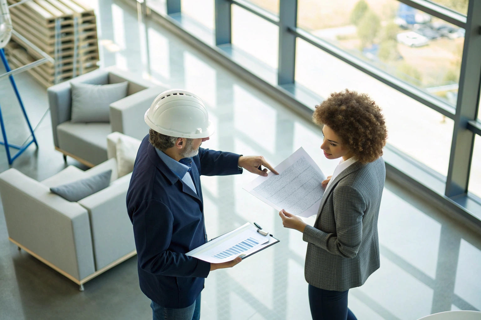 Project discussion Engineer and manager reviewing technical documents in bright industrial office (ID#4)