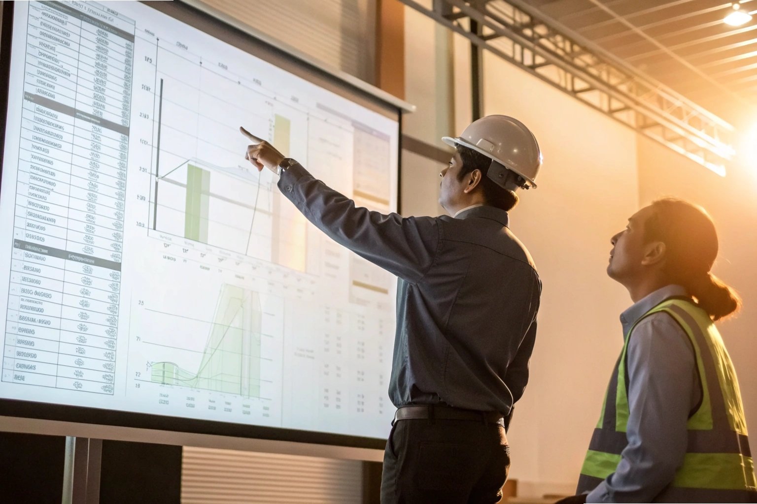 Data review meeting Factory engineers analyzing production data on large display screen with graphs (ID#2)