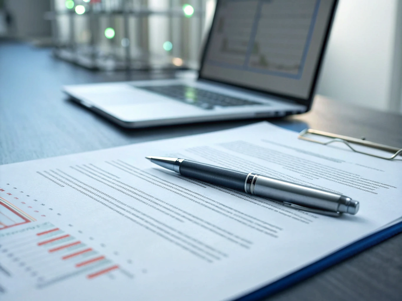 Pen resting on printed contract near laptop (ID#1)