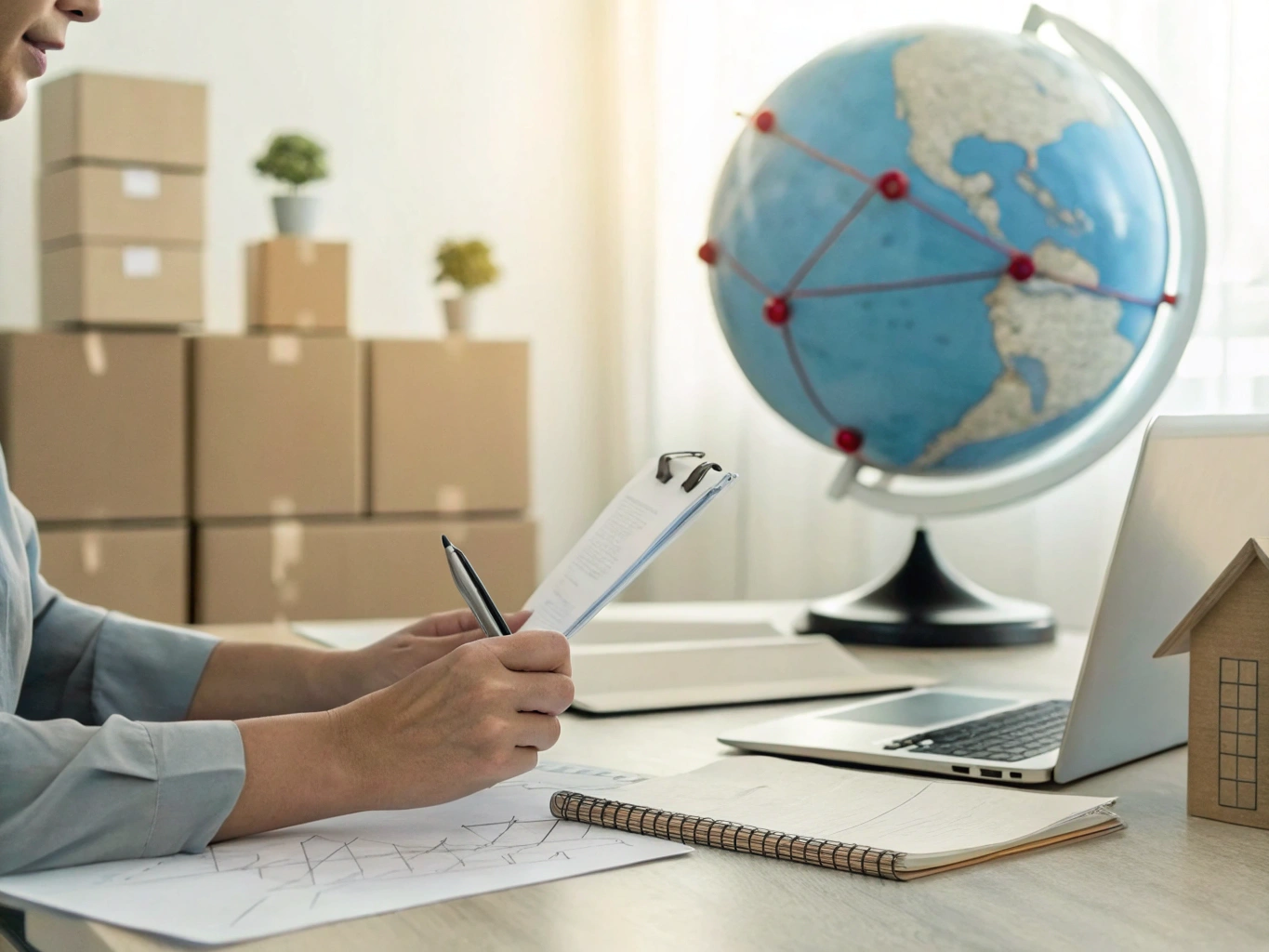 Buyer reviewing global shipping contract in home office (ID#1)