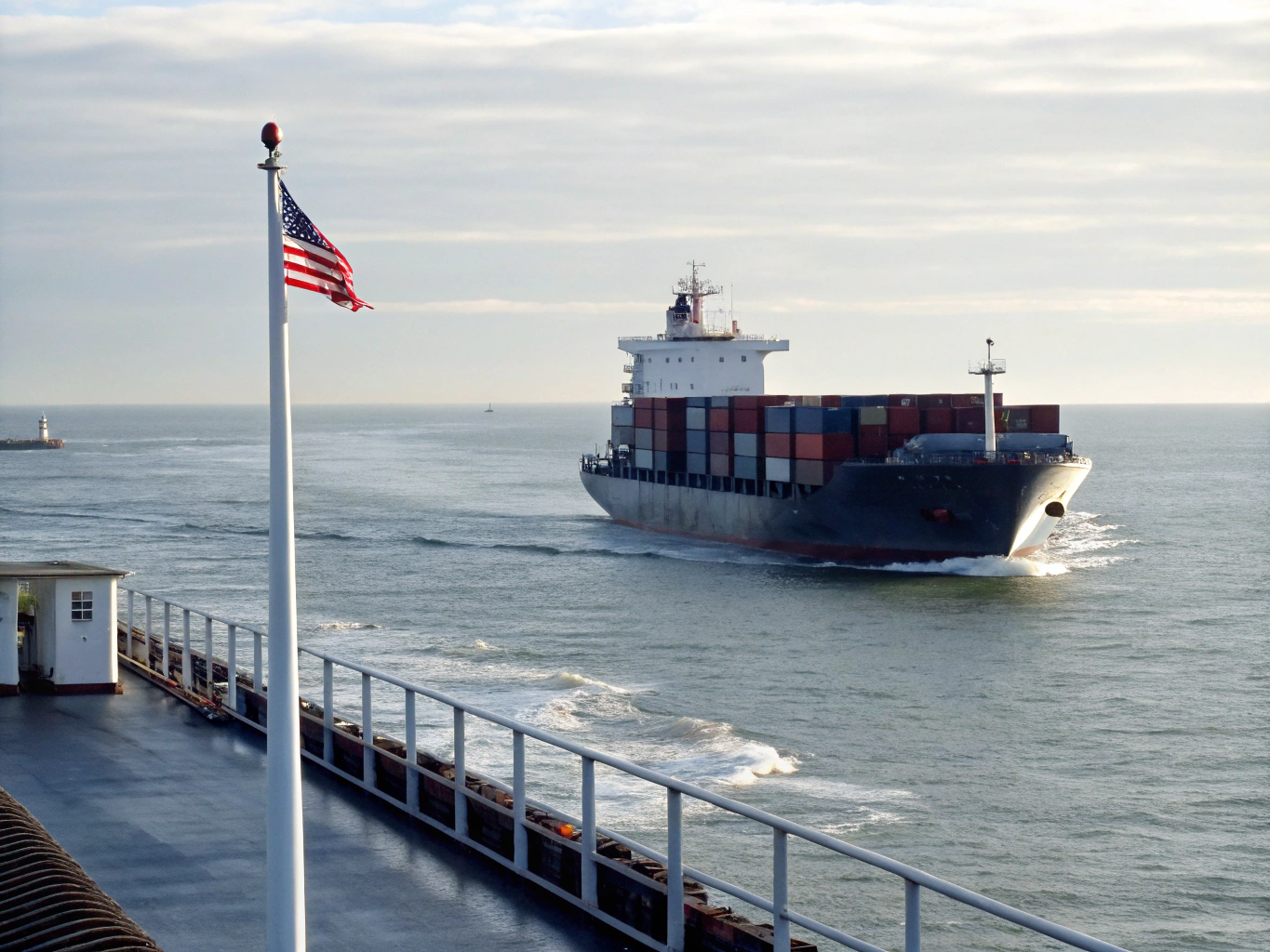 Cargo ship approaching American port under clear skies (ID#1)