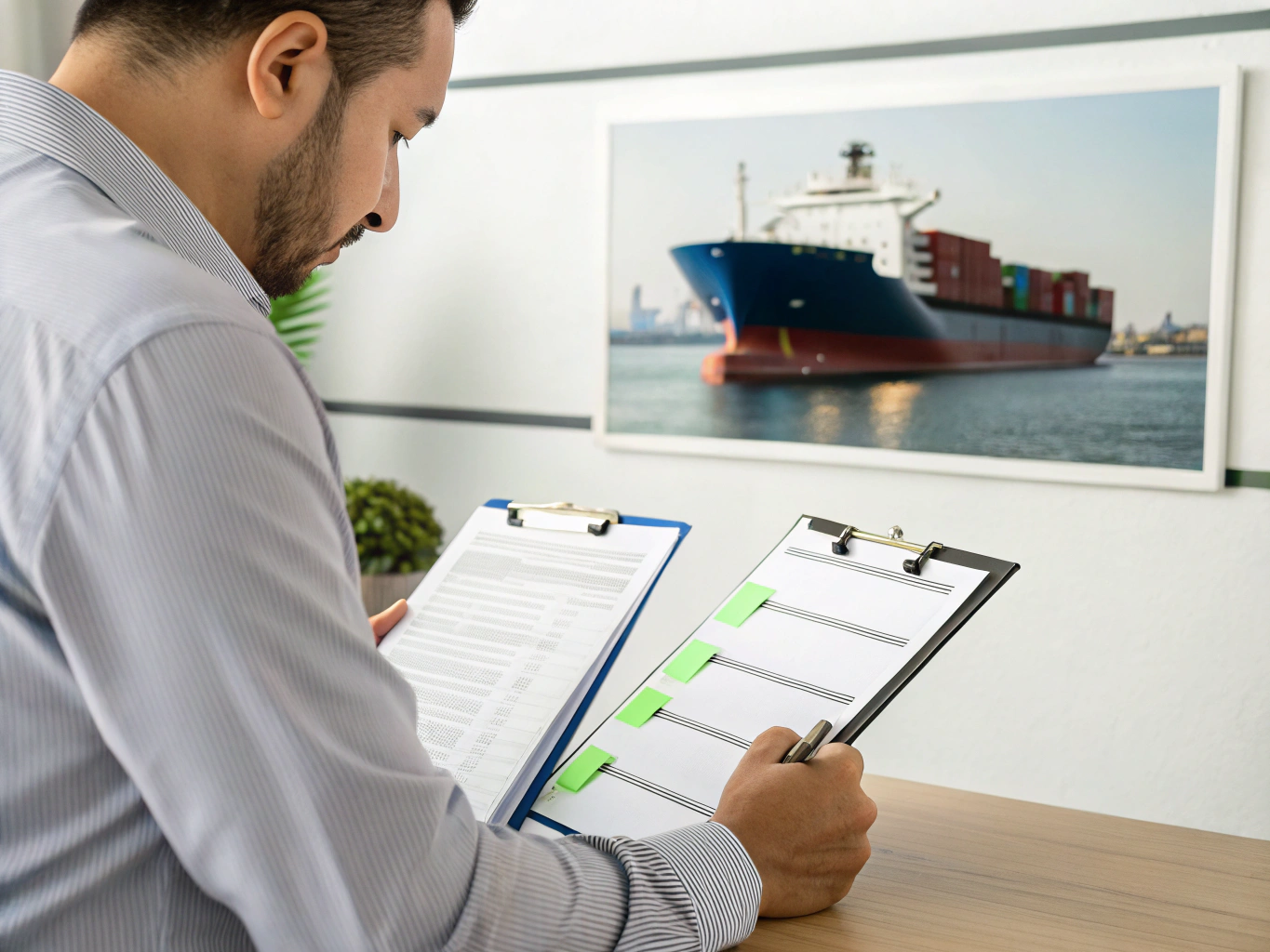 Digital illustration of a logistics manager reviewing shipment documentation (ID#1)