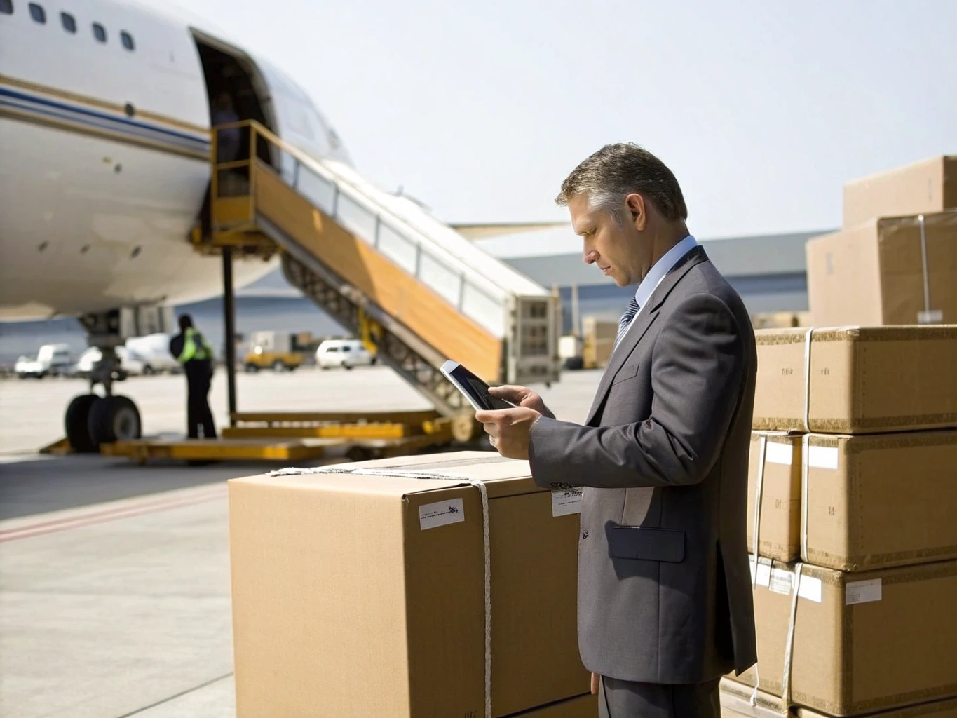 Businessman managing urgent air freight shipment at airport (ID#1)
