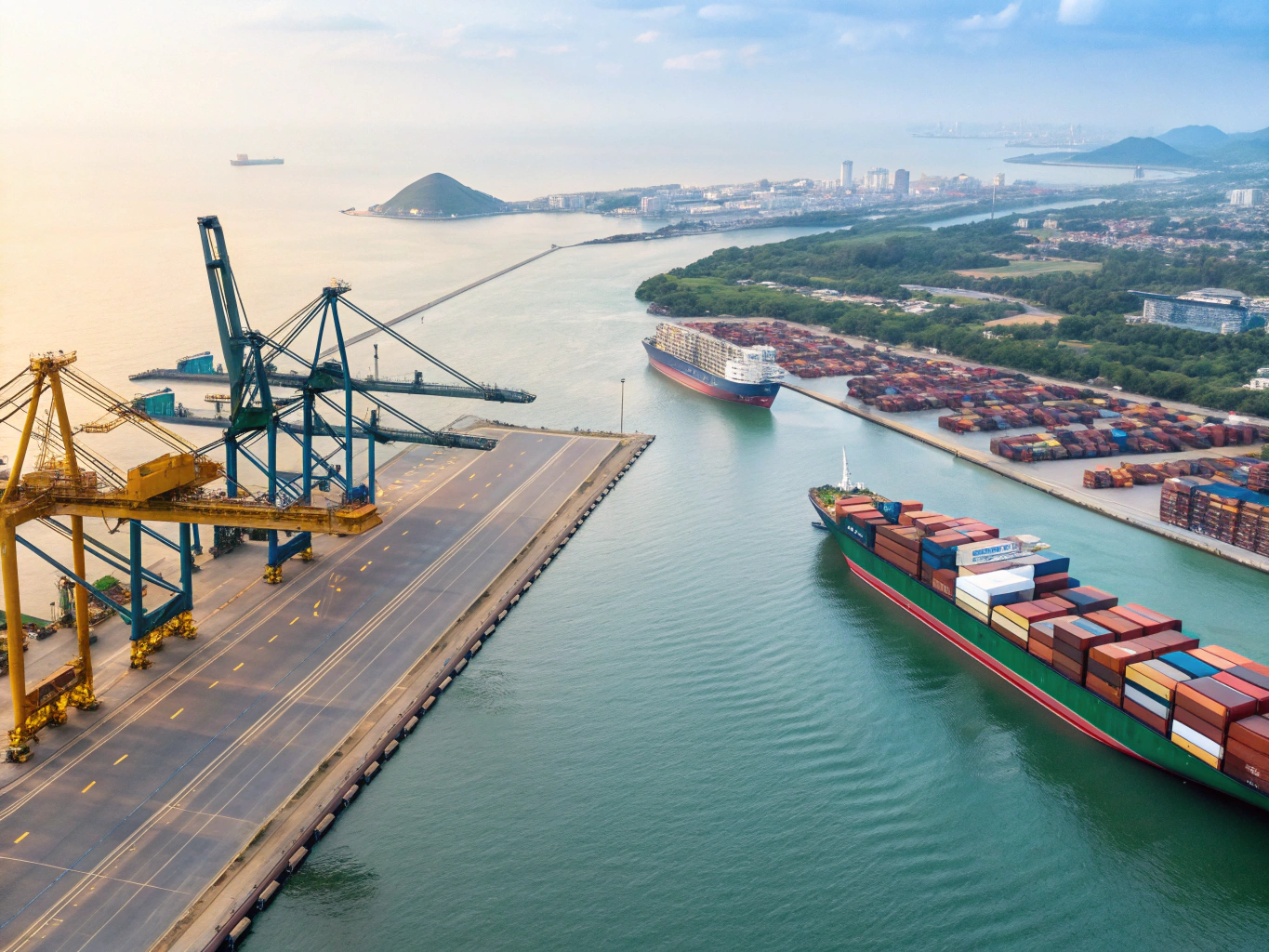 Aerial view of cargo ships entering Vietnamese port (ID#1)