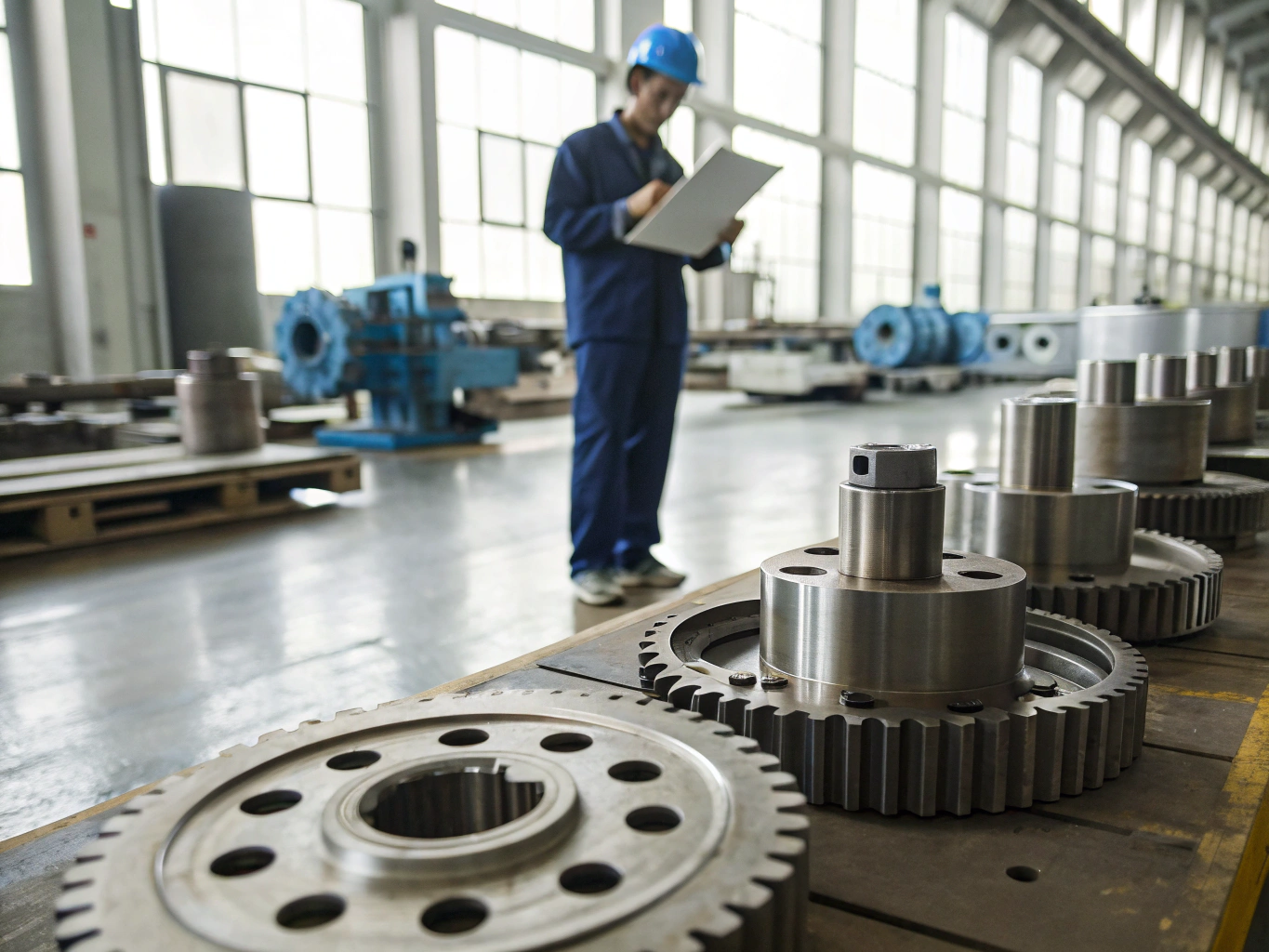 Engineer inspecting metal gears on production table (ID#1)