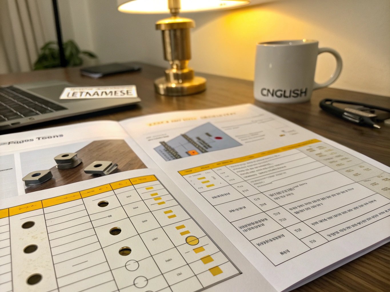 Engineering catalog open on desk with laptop and coffee (ID#1)