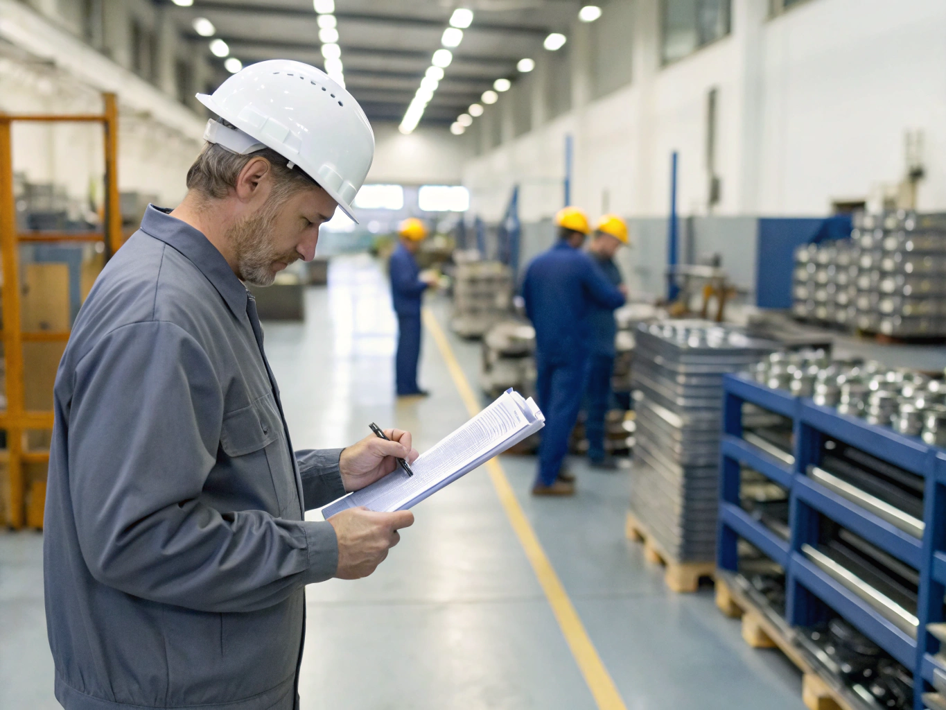 Factory quality inspector checking production line (ID#1)