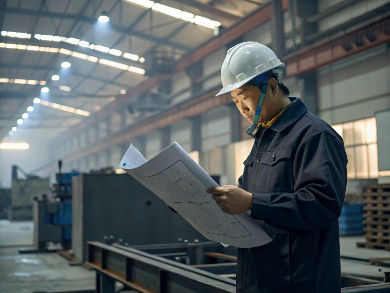 Engineer examining blueprints in large metal workshop (ID#1)