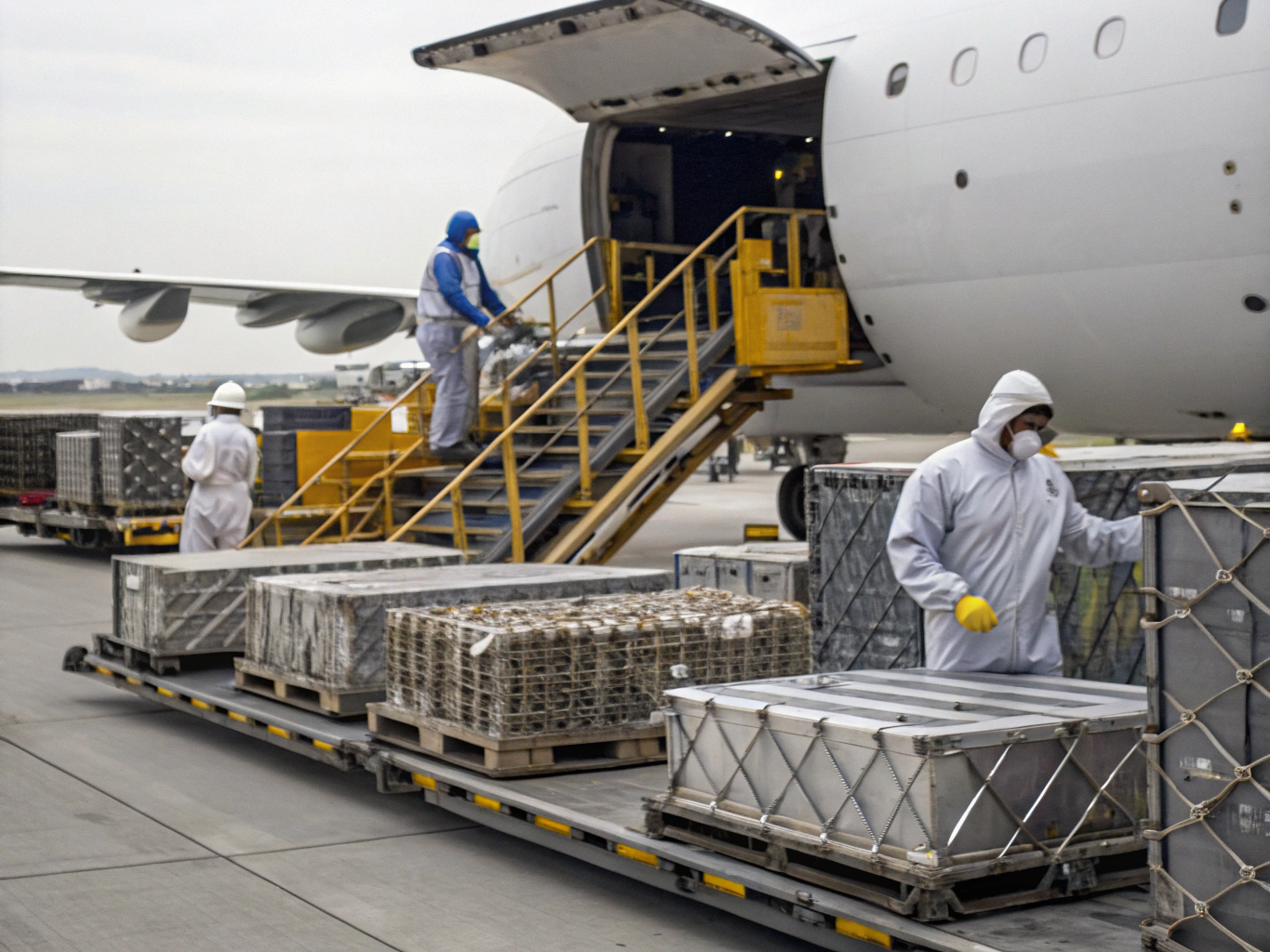Air freight logistics Air cargo terminal with workers loading freight containers (ID#2)